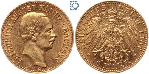 Kaiserreich, 10 Mark Sachsen 1906 E, König Friedrich August, J.263, Goldmünze