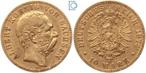 Kaiserreich, 10 Mark Sachsen 1874 E, König Albert, J.261, Goldmünze