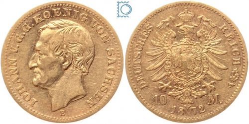 Kaiserreich, 10 Mark Sachsen 1872 E, Johann 1854-1873, J.257, Goldmünze