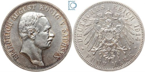 SACHSEN, 5 Mark 1914 E, König Friedrich August, J.136, Silber