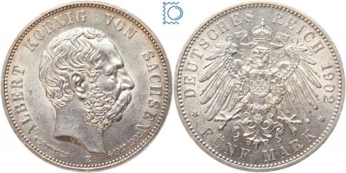SACHSEN, 5 Mark 1902 E, Auf den Tod von König Albert, Silber, J.128, Silber