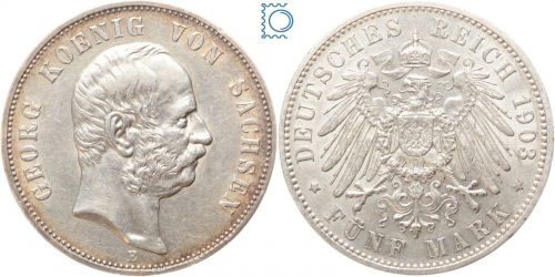 SACHSEN, 5 Mark 1903 E, König Georg, J.130, Silber