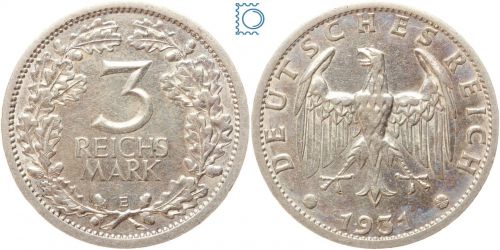 Deutsches Reich, 3 Mark 1931 E Silber, J. 349, Weimarer Republik