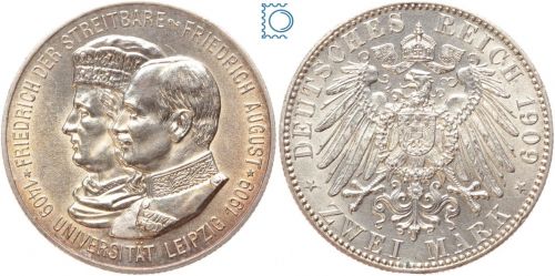 SACHSEN, 2 Mark 1909 E, 500 Jahre UNI Leipzig, Silber Jg. 138