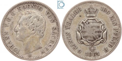 Sachsen, 1/6 Taler 1861 B, König Johann 1854-1873, J.113, Silber