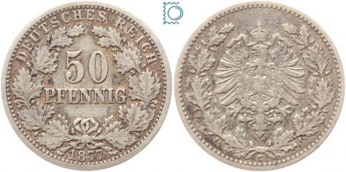 Kaiserreich, 50 Pfennig 1877 G, Wilhelm I., Silber J.8