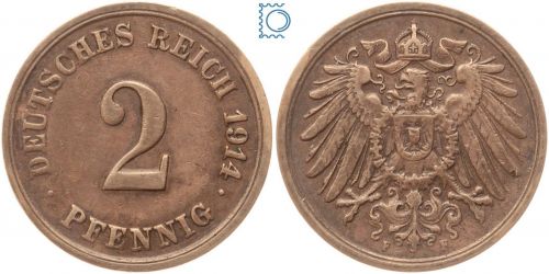 Kaiserreich, Kursmünze 2 Pfennig 1914 F, J.11