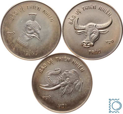 Vietnam, 3 x 10 Dong 1986, Elefant, Büffel, Pfau, Wildlife Preservation