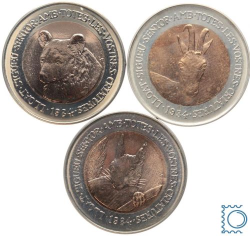 Andorra, 3 x 2 Dinar 1984, Bär, Steinbock, Eichhörnchen, Wildlife Preservation
