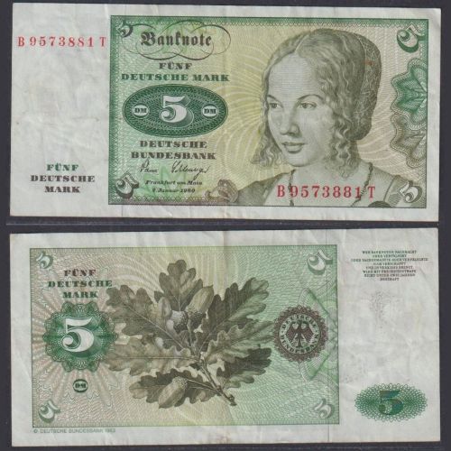 Banknote 5 DM Deutsche Mark Ro. 285a/P30b Schein 2.1.1980 KN B9573881T (II)