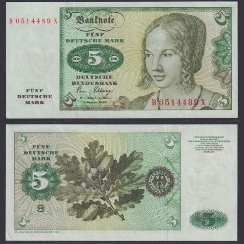 Banknote 5 DM Deutsche Mark Ro. 285a/P30b Schein 2.1.1980 KN B0514489X (I-)