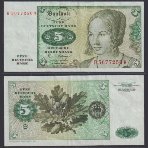 Banknote 5 DM Deutsche Mark Ro. 285a/P30b Schein 2.1.1980 KN B5677250W (I-)