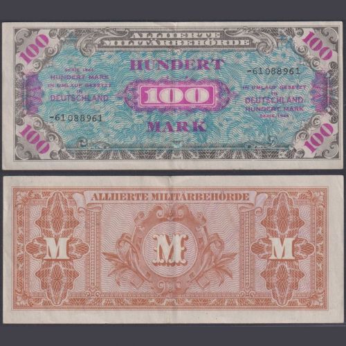 Alliierte Militärbehörde 100 Mark 1944 Ro. 206d P#197d– UdSSR Druck KN 8-Stellig