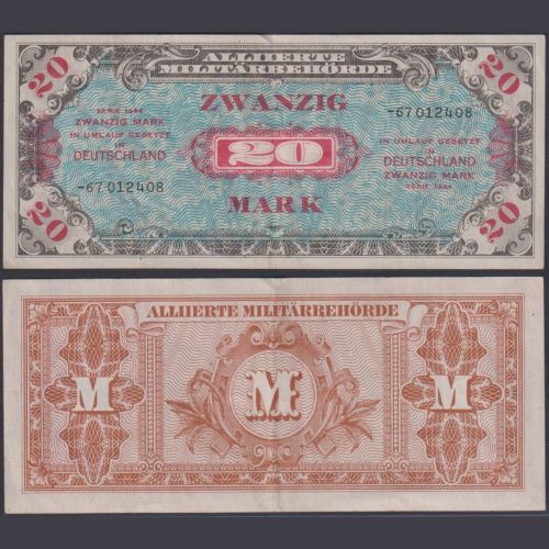 Alliierte Militärbehörde 20 Mark 1944 Ro. 204d P#195d– UdSSR Druck KN 8-Stellig