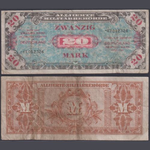 Alliierte Militärbehörde 20 Mark 1944 Ro. 204d P#195d– UdSSR Druck KN 8-Stellig