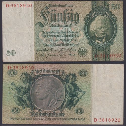 Deutsches Reich 1933 Ro. 175c P#182 E/D 50 Reichsmark RM - David Hansemann