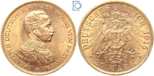 Kaiserreich, 20 Mark Preussen 1915 A, Kaiser Wilhelm II. Uniform, J.253