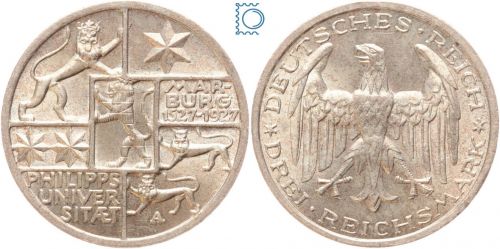 Weimar 3 Mark 1927 A, 400 Jahre Universität Marburg, J.330, Silber