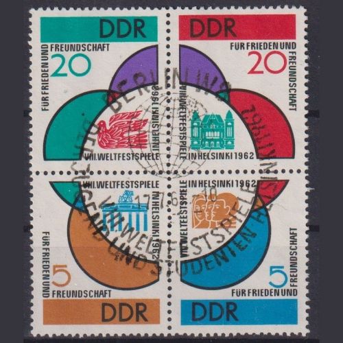 DDR MiNr. 901-904 Viererblock echt gestempelt - Weltfestspiele der Jugend Helsinki 1962