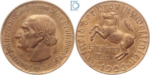 Notgeld Westfalen, 5 Millionen 1923, Minister von Stein, Jäger N22