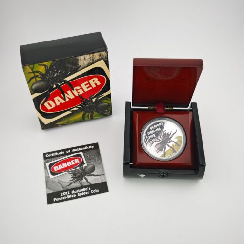 Tuvalu 1 Dollar 2012 | Danger Funnel-Web Spider| 1 Oz Silber Unze Box + CoA