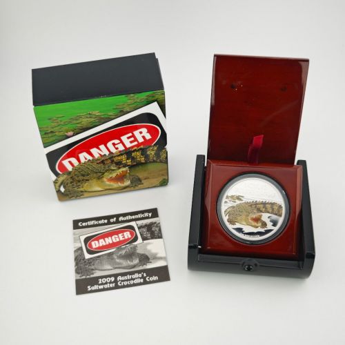 Tuvalu 1 Dollar 2009 | Danger Saltwater Crocodile| 1 Oz Silber Unze Box + CoA
