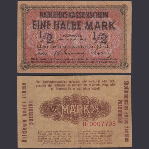 Darlehnskasse Ost Kowno 1/2 Mark EWK-40 Ro.464 P#R127 - Besatzungsausgaben 1. WK