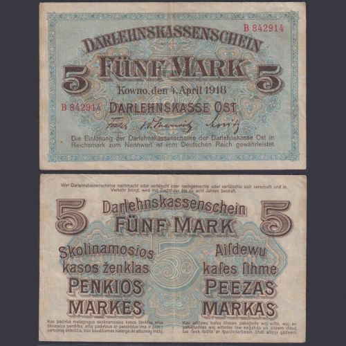 Darlehnskasse Ost Kowno 5 Mark EWK-43 Ro.467 P#R130 - Besatzungsausgaben 1. WK