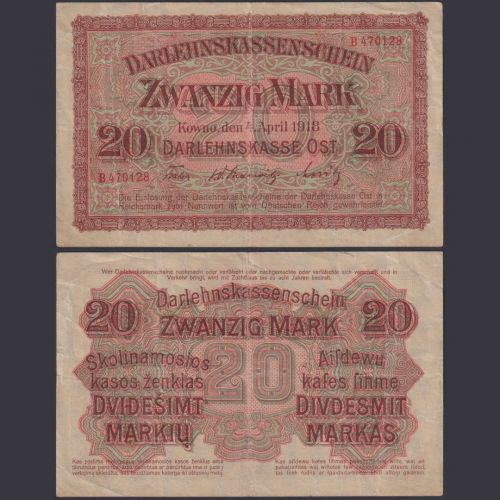 Darlehnskasse Ost Kowno 20 Mark EWK-44 Ro.468 P#R131 - Besatzungsausgaben 1. WK