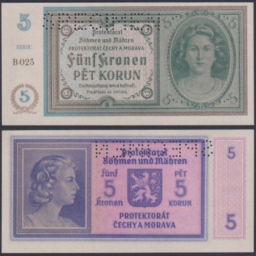 Böhmen und Mähren 5 Kronen ZWK-10b Ro.559b P#5 Besatzungsausgaben