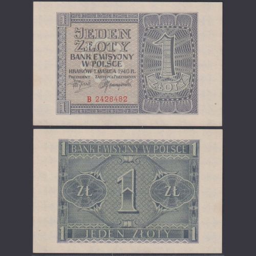Generalgouvernement Polen 1 Zloty ZWK-26 Ro.571 P#91 Emissionsbank