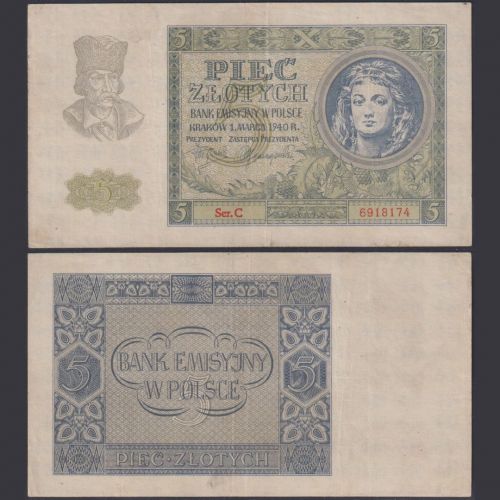 Generalgouvernement Polen 5 Zloty ZWK-28 Ro.573 P#93 Emissionsbank