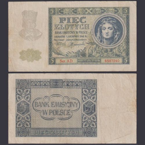 Generalgouvernement Polen 5 Zloty ZWK-36 Ro.581 P#101 Emissionsbank