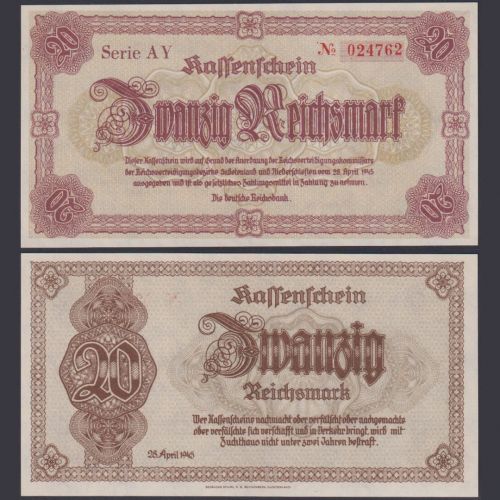 Sudetenland & Niederschlesien 20 Reichsmark DEU-262 Ro.186 P#187 Kassenschein