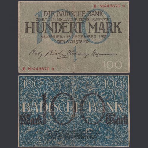 Baden 100 Mark BAD-6 P#S922 Badische Notenbank Mannheim 15.12.1918