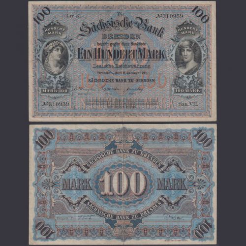 Sachsen 100 Mark SAX-8a P#S952b Sächsische Notenbank Dresden 2.1.1911