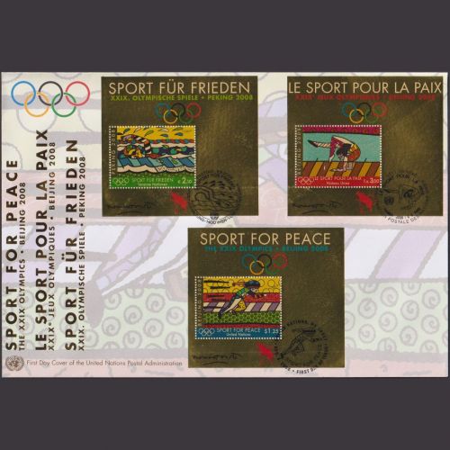 UNO Trio Brief | FDC 2008 | Sport für Frieden Peking | Genf Wien New York