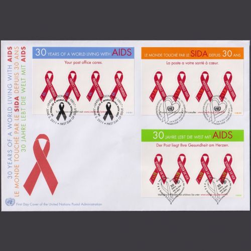 UNO Trio Brief | FDC 2011 | 30 Jahre lebt die Welt mit AIDS | Genf Wien New York