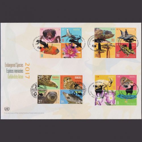 UNO Trio Brief | FDC 2017 | Gefährdete Arten | Genf Wien New York