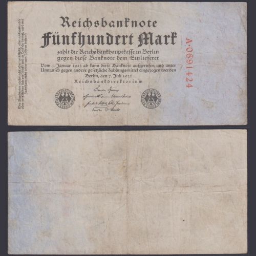 Deutsches Reich 500 Mark DEU-81 Ro.71a P#74 Reichsbank 1922-1923