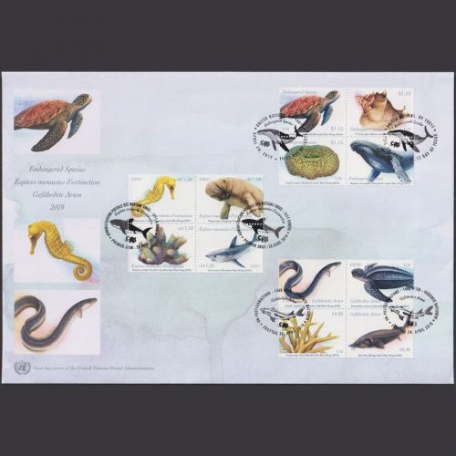 UNO Trio Brief | FDC 2018 | Bedrohte Tierarten | Genf Wien New York