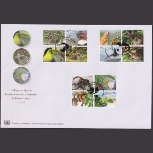 UNO Trio Brief | FDC 2022 | Bedrohte Tierarten | Genf Wien New York