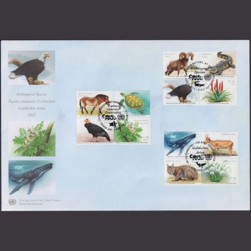 UNO Trio Brief | FDC 2023 | Bedrohte Tierarten | Genf Wien New York