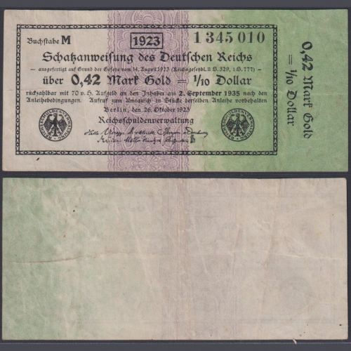 Wertbeständiges Notgeld 0,42 Mark Gold = 1/10 Dollar WBN-12b Ro.142b 1923