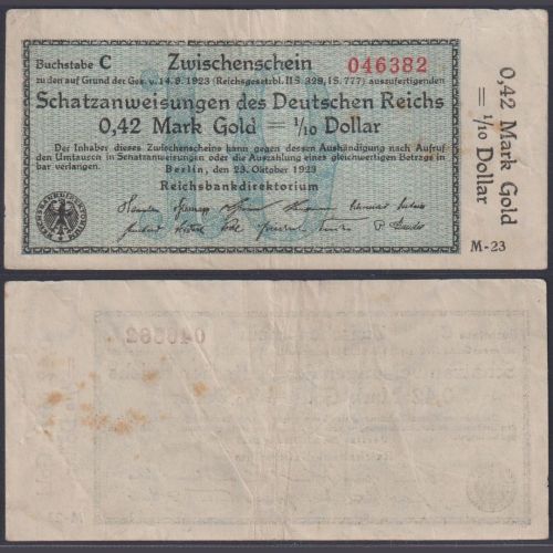 Wertbeständiges Notgeld 0,42 Mark Gold = 1/10 Dollar WBN-15a Ro.139a 1923