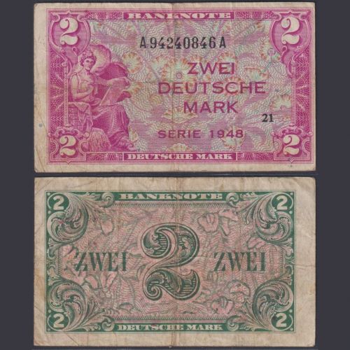 Bank Deutscher Länder 2 Mark WBZ-3a Ro.234 P#3a A/A 1948 Alliierte Besatzung