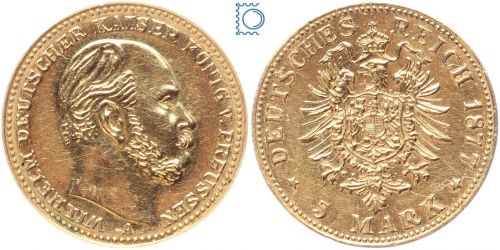 Kaiserreich, 5 Mark Preussen 1877 A, Kaiser Wilhelm I., J.244, Goldmünze