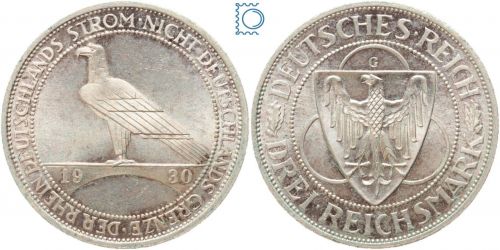 Weimar 3 Mark 1930 G, Rheinlandräumung, J.345, Silber