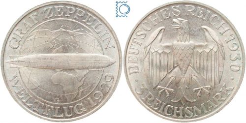 Weimar 3 Mark 1930 G | Graf Zeppelin Weltflug | J.342, Silber