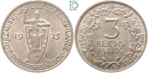 Weimar, 3 Reichsmark 1925 D | Jahrtausendfeier der Rheinlande | Jg. 321, Silber